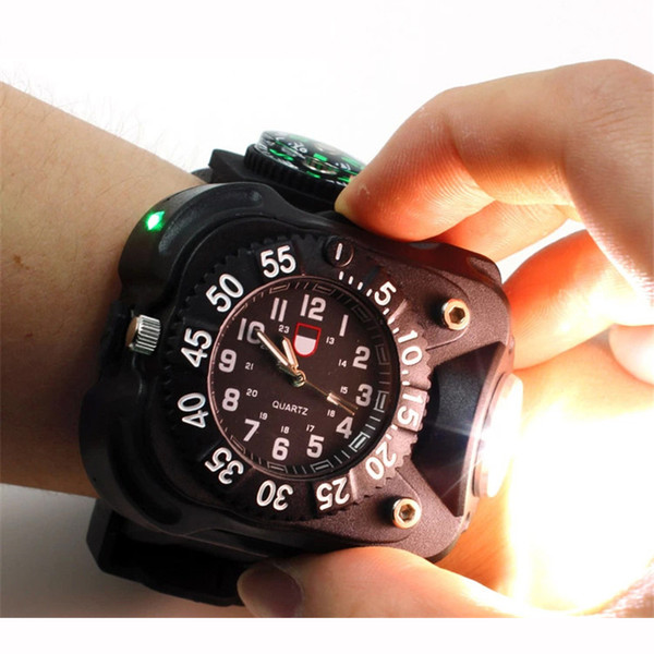 New 3 in 1 bright watch light flashlight with compass outdoor sports mens fashion Waterproof LED rechargeable wrist watch lamp torch