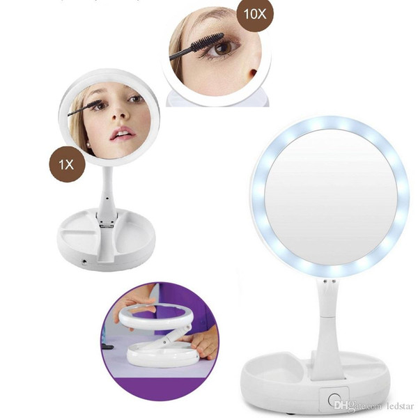 Foldable LED Makeup Mirror Professional 10X Magnifying Mirrors Tri-fold Desktop Mirror Mirror Make Up Tool with Storage Box