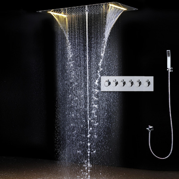 Thermostatic Shower Panel Stainless Steel LED Rain Waterfall Big Shower Head Ceiling Bathroom Faucet Set Wall Mounted Rainfall Faucets Unit