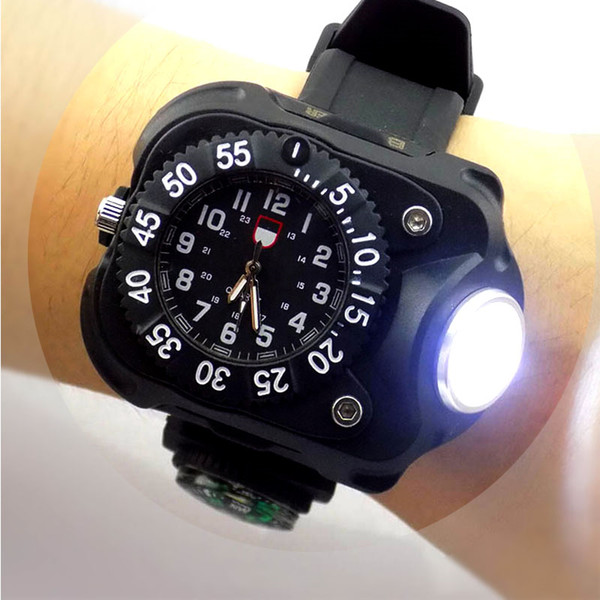 3 in 1 bright watch light flashlight with compass outdoor sports mens fashion Waterproof LED rechargeable wrist watch lamp torch