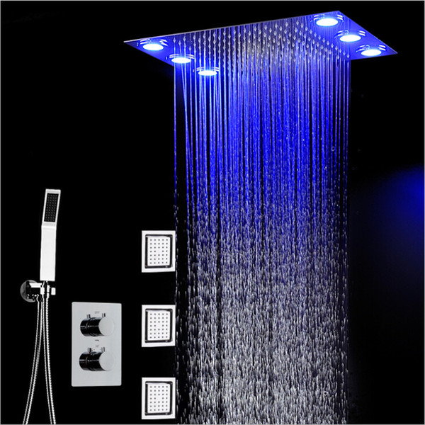 360*500mm Rain Shower Set Remote Control Color LED Ceiling Lights Rainfall Waterfal Shower 3 Way Temperature Thermostatic Mixer Bathroom