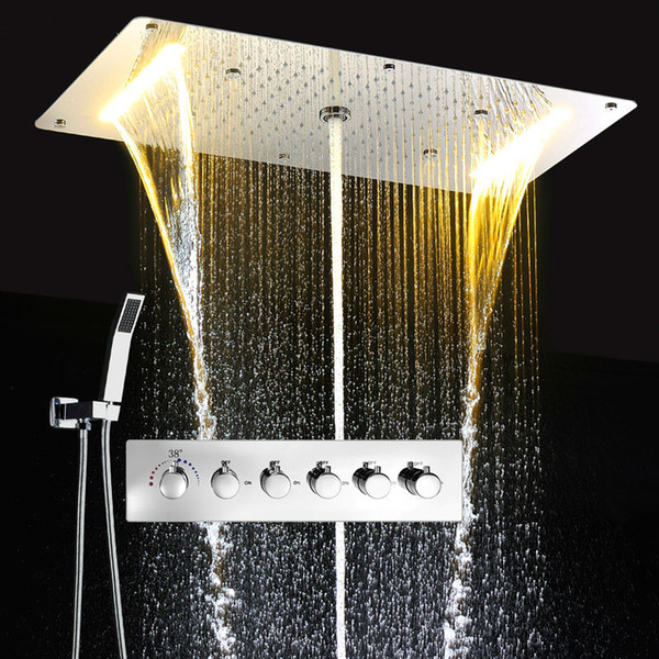 Newest Concealed Thermostatic Shower Set SUS304 Mirror Panel With LED Shower Head 380x700 Rainfall Mist Spray Waterfall Water Column Ceiling