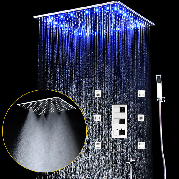 Luxury Rain And Mist Ceiling 20'' Shower Head LED Shower Set Faucets Tap Shower Kit With 6 Body Jet and Thermostatic Mixer Valve