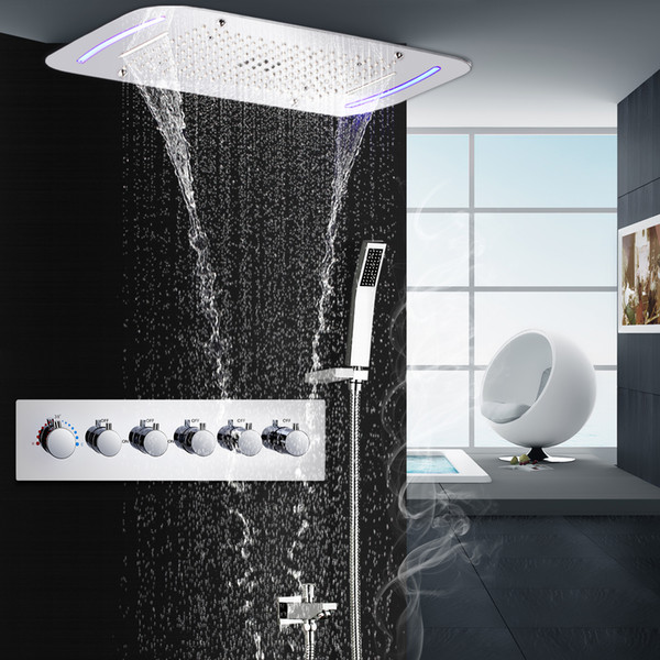 5 Functions Reccessed Rainfall Waterfall Mistfall LED Ceiling Shower Head Thermostatic Shower Set Wall Mounted SPA Massage Shower