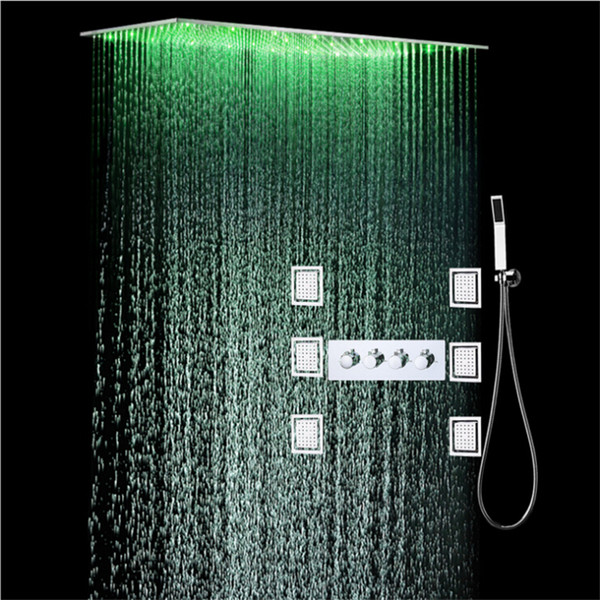 LED Rainfall Shower Set Modern Ceiling Massage Rainfall Duchas Shower Head Faucets Thermostat Mixer Bathroom Shower 304 SUS Brushed 50x100cm