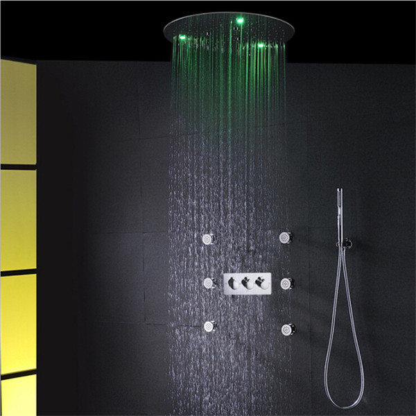 20 Inch Round LED Light Ceiling Shower SPA Rainfall Showerhead Brushed 3 Functions Shower Faucet Brass Bathroom Shower Sets