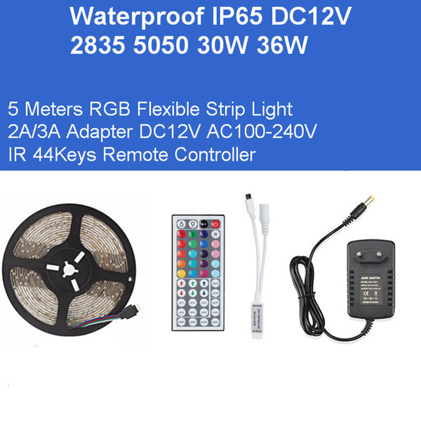 DC12V 5M RGB Flexible Strips 2835 5050 300LEDs 36W Kit LED Lights Adapter IP65 Waterproof Lamps IR Remote Controller Direct China Wholesales