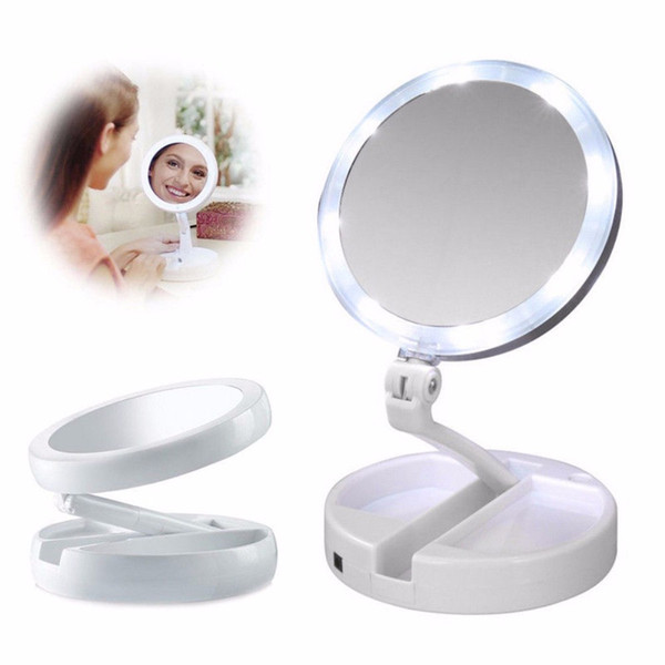 Portable LED Light Folding 10x LED Makeup Mirror hand Pocket mirrors Make Up Vanity Mirror Rotating 270 Degree with Switch Button