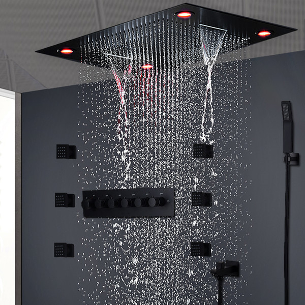 Modern Matt Black Shower Set Concealed LED Ceiling Light Massage Large Rain Waterfall Shower Panel Head Thermostatic High Flow Shower