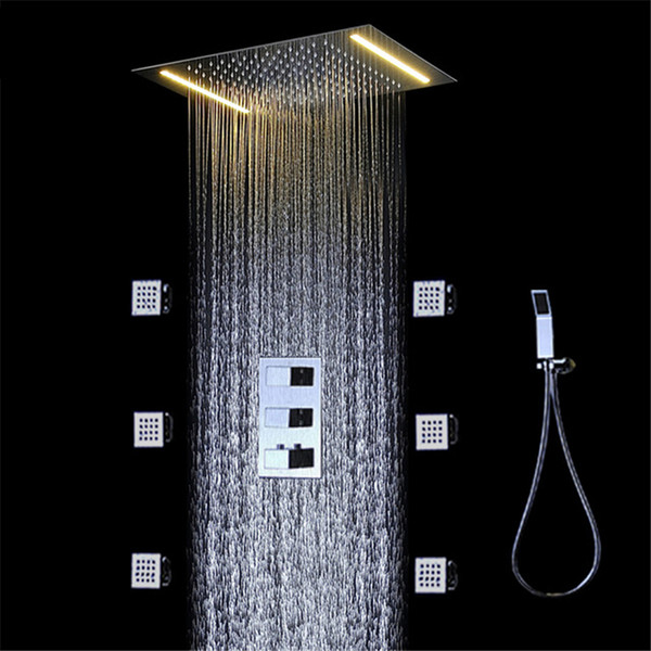 360*500mm Shower Ceiling Thermostat Rain Shower Faucets Set LED Electric ShowerHeads Rainfall Duchas Body Massage Shower Jets Bath Set