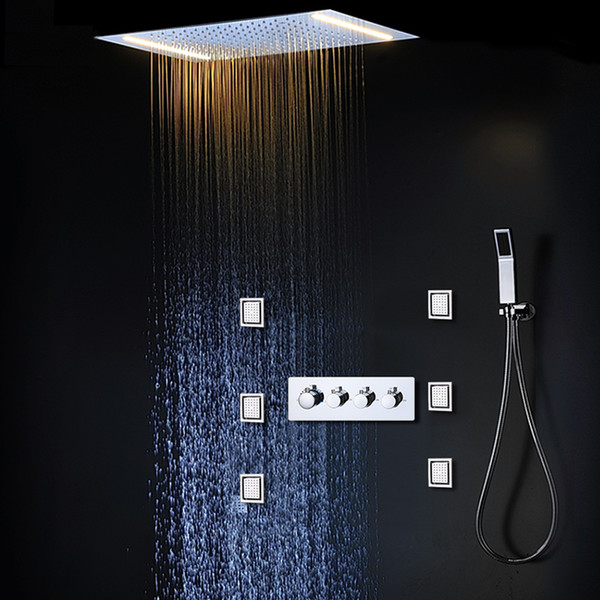 Newest Luxury Ceiling Mounted Shower Sets Thermostatic Mixer Bathroom Led Rainfall LED Shower Head 500*360mm Waterfall Rain Bubble Mist