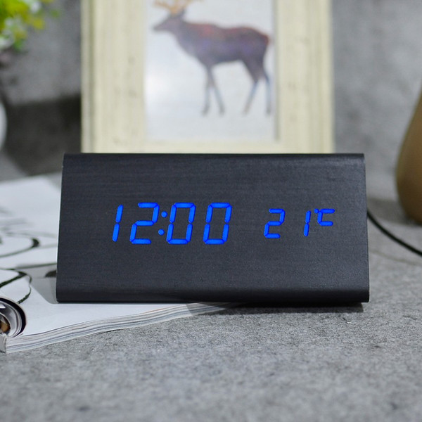 Digital LED Alarm Clock Modern Wooden Thermometer Desktop Clocks Sound Control Mini LED Table light with Temperature Electronic Home Decor