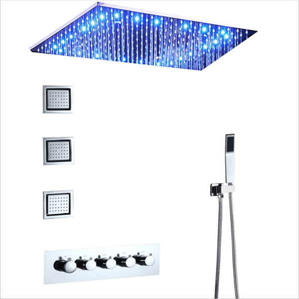 LED Ceiling Mounted Overhead Thermostatic Shower Set Multi Function Rainfall Lateral Jets SPA Spray Shower Head