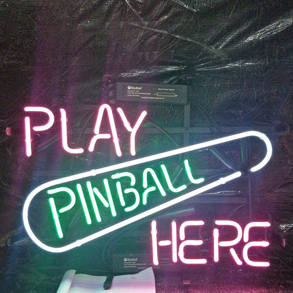 PLAY PINBALL HERE Neon Sign Holiday Display Advertising Decoration Customized Wall mounted Real Glass Light Metal Frame 17'' 20'' 24'' 30''