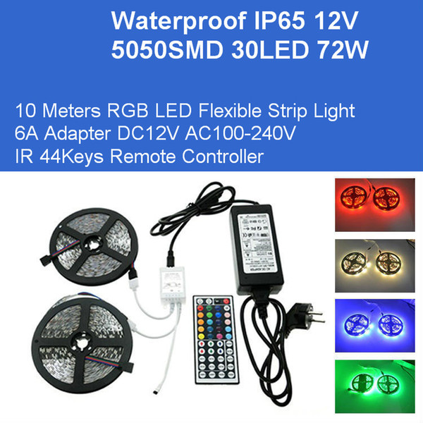 DC12V 10M RGB Flexible Strips 5050 300LEDs 72W Kit LED Lights Adapter IP65 Waterproof Lamps IR Remote Controller Direct China Wholesales