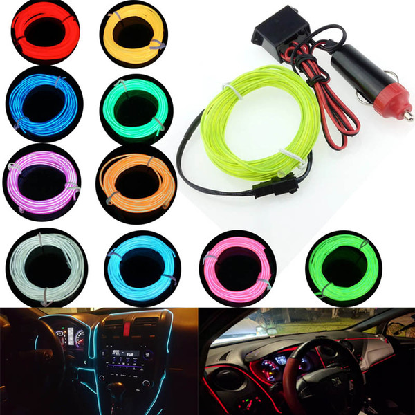 Car Cigarette Lighter Plugs 12V 1M 2M 3M 5M LED light 10 Colors EL Wire Tube Rope Flexible Neon Cold Light Car Decor