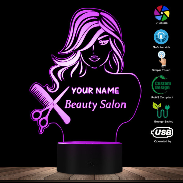 Beauty Salon Fashion Lady LED Illusion Night Light Barber Shop Hairdresser Scissor Comb Table Lamp Custom Your Name Modern Light