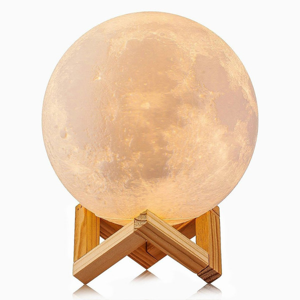 3D Moon LED Baby Night Light Desk Lamp USB Charging Wooden Base Touch Sensor Control 2-colors Dimmable Switch for Bedroom Birthday Decoratio