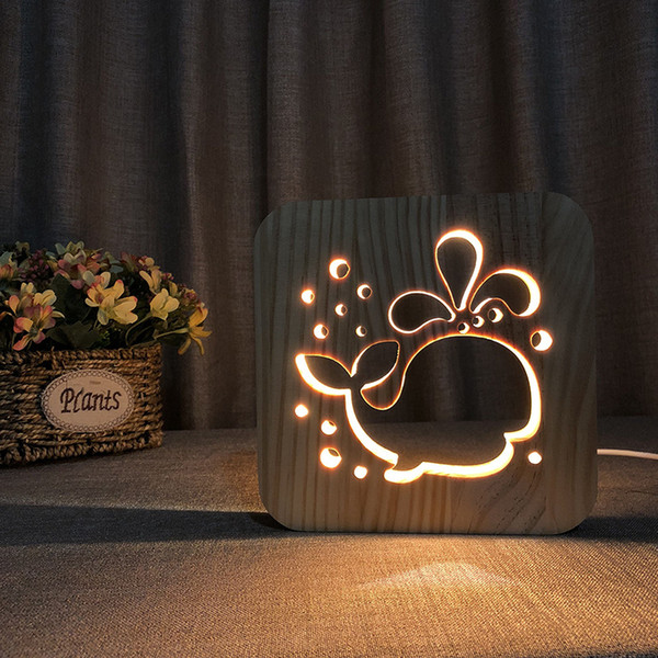 New Wooden Whale Night Lamp 3D LED Night Lights for Kids Bedroom Decoration Warm White Unique Light Birthday Party Gift