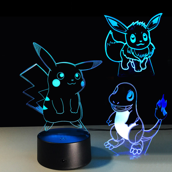 3 in 1 Pocket Monster 3D Night Light Smart Touch Optical Illusion Lights Pikachu LED Night Light USB Cabler for Christmas Gift