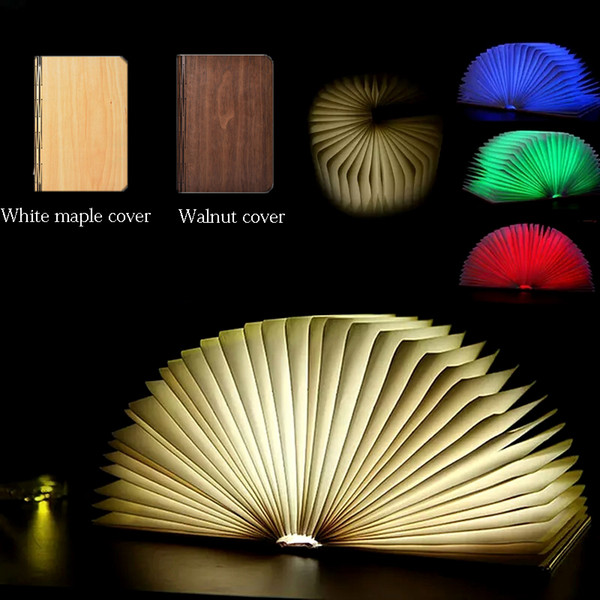 New RGB LED 3D Night Light Folding Book Light Desk Lamp USB Port Rechargeable Wooden Magnet Cover Home Table Desk Ceiling Decor Lamp