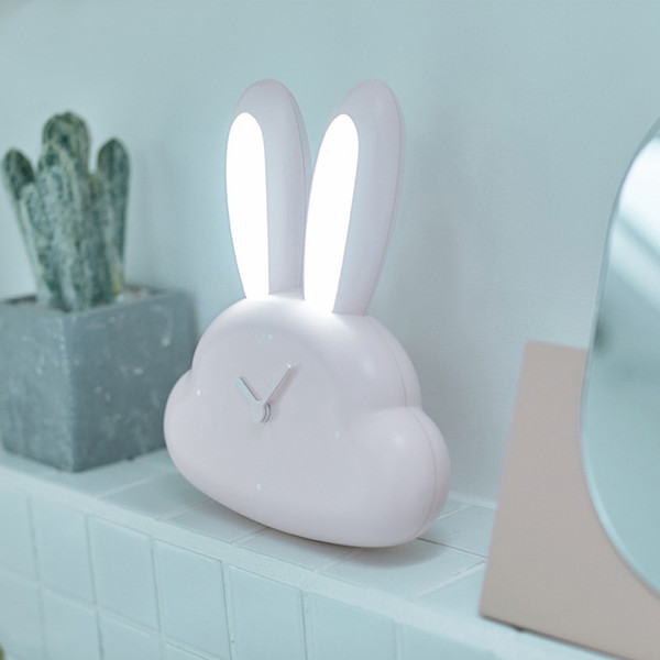 Micro USB charging cartoon rabbit LED human body induction clock night light for bedside bedroom White / Blue