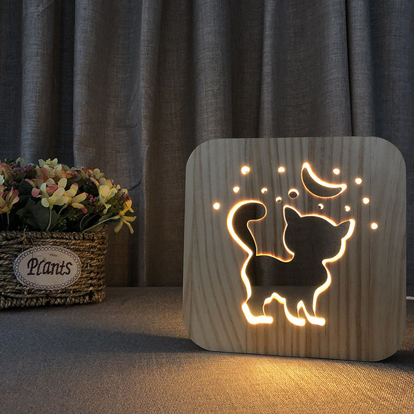 Lovely Cat Shape Wood Lamp Creative Hollowed-out Wood Table Lamp USB Night Light for Children Christmas Gift