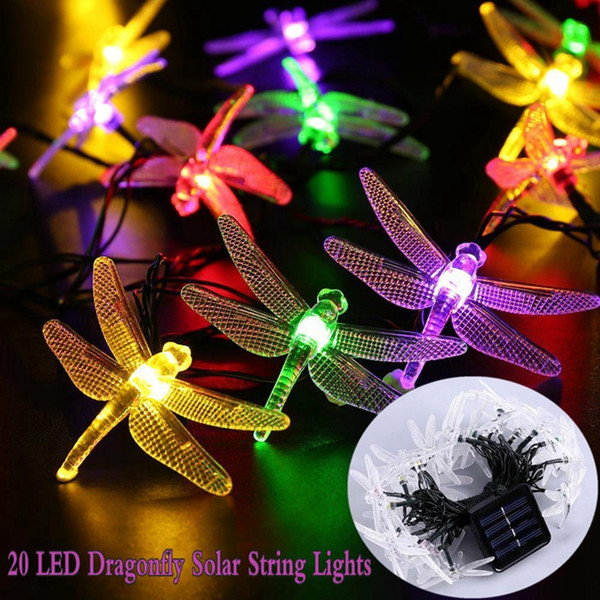 20 LED Solar String Fairy Lights Dragonfly Multi Color Outdoor Garden Lighting