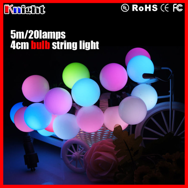 40mm bulb balls string light,5m 20bulbs LED string light black wire,4cm bulb rainbow light waterproof,colorfull wedding decoration lighting