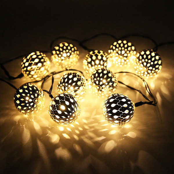 10 Moroccan Metal Ball Solar Powered String Lanterns LED Indoor or Outdoor Fairy Lights (White/Warm White)