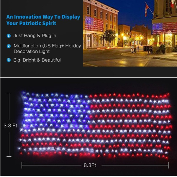 American Flag Light with 390 super bright LED Waterproof Outdoor Decor garden lights Path Lights Hanging Fairy Lights for Independence Day