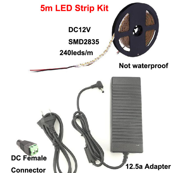 Super Bright 5m LED Flexible Strip Kit SMD 2835 240leds/m DC 12V Lamp High Brightness + 12.5A AC 110V 220V to DC 12 V Power Supply Adapter