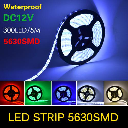 Waterproof 5M LED Strip 5630 SMD 60LEDs/M Flexible DC 12V more Bright than 5050 SMD, Red, Green, Blue, Cool White, Warm White