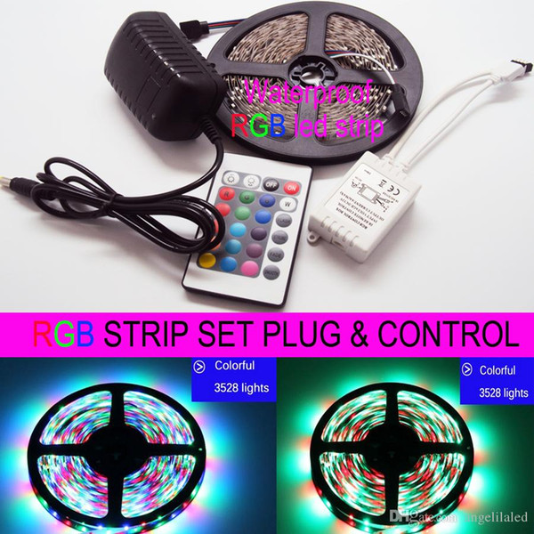 5M RGB LED Strip Lights Waterproof SMD3528 300LED DC12V LED Rope Lights + 24 KEY IR Remote Control + Adapter Power Plug 24W 2A