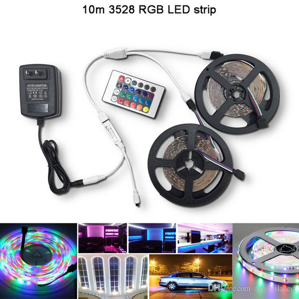 Wholesale 10 Meter 3528 RGB Waterproof LED Strips 60Leds/M DC12V Flexible LED Tape Light + 24Key RGB Controller + 110V 220V LED Power Supply