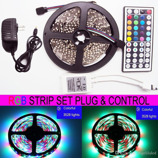 5M RGB LED Strip Light SMD3528 300 LED 60LED/M DC 12V 44KEY IR Remote Control 100-240V AC Adapter Power Plug 24W 2A