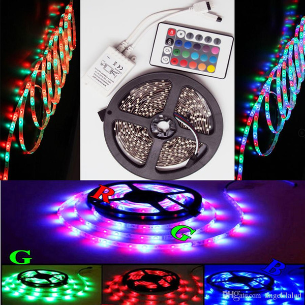 DC12V 3528SMD RGB Non Waterproof 5M Led Strip Lights Flexible Christmas Led Tape Ribbon Rope Bar Lights + 24 Key IR Remote RGB Controllers