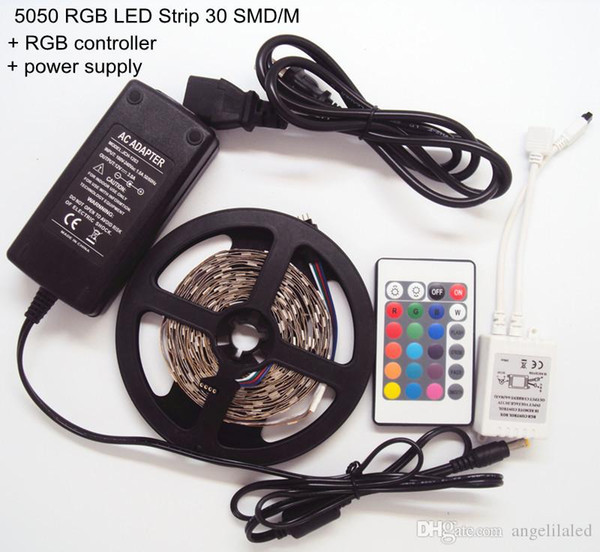 DC12V 5050SMD 5M RGB LED Strips Holiday Party Advertisement Tape Lighting + 110v LED Power Supply 6A Light Adapter + 24 Key RGB Controller