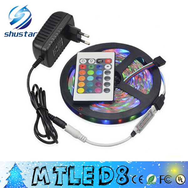 5M SMD 3528 RGB Flexible LED Strip light 60LEDs / M + 24Key IR Remote Controller + DC 12V 3A Power Adapter EU / US Plug