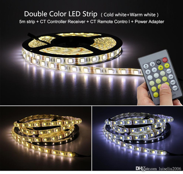 Double Color Led Strip Light 5025 / 2835 Cold White + Warm White 12V Strip 5M + CT Remote Controller +12V 3A Power Supply