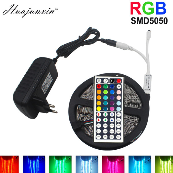 HUAJUNXIN RGB LED Strip 5M 5050 SMD LED Light Tape Flexible Ribbon Waterproof IR Remote Controller DC 12V Power Adapter Full set