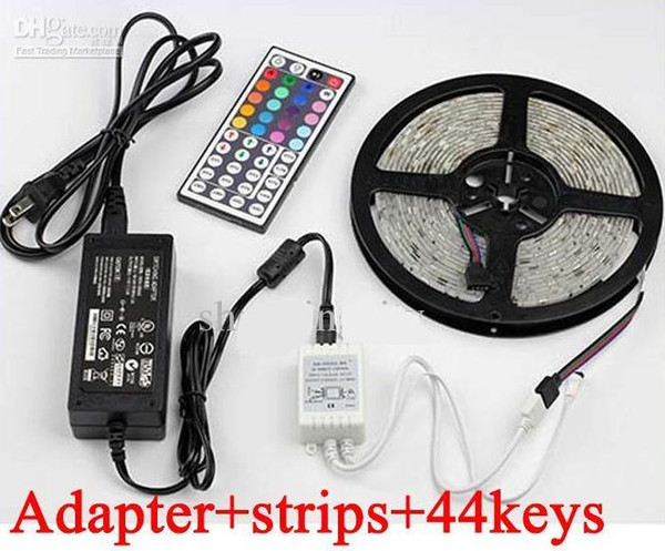 1 Set Newest 5M Flexible RGB LED Strips light DC 12V SMD 3528 5050 60LED/M Waterproof+24/44Keys IR Remote Led Controller +Adapter