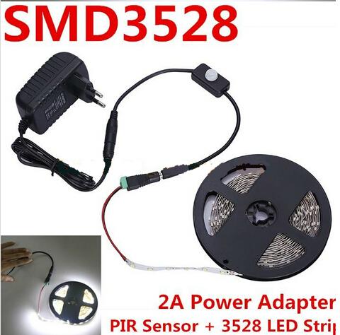 5 Sets/lot New Arrival Smart Led Strips PIR Sensor Switch SMD 3528 5M 300 Leds Cool White/Warm/Red/Green/Blue + 12V 2A Power Supply