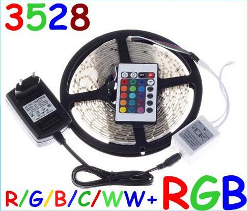 5M Waterproof LED STRIP 3528 IP65 cool white RGB LED Strip Light Lamp 300 Led SMD 3528 Remote Controller 12V 2A Power Transforme LED neon