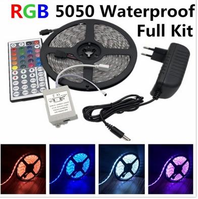 LED Strip Light 5050 RGB Tape Set Waterproof IP65 300LED 5m with 44Key Remote Control 12V Power Adapter Color Change 5M