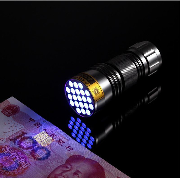 Hot sale!100pcs-New UV Ultra Violet 21 LED Flashlight Mini Blacklight Aluminum Torch Light Lamp Freeshipping