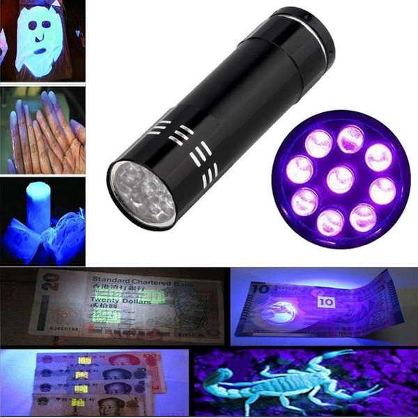 Portable 9 LED Mini LED Flashlights Mini Aluminum UV Ultra Violet LED Black Flashlight Blacklight Torch Hand Light Lamp