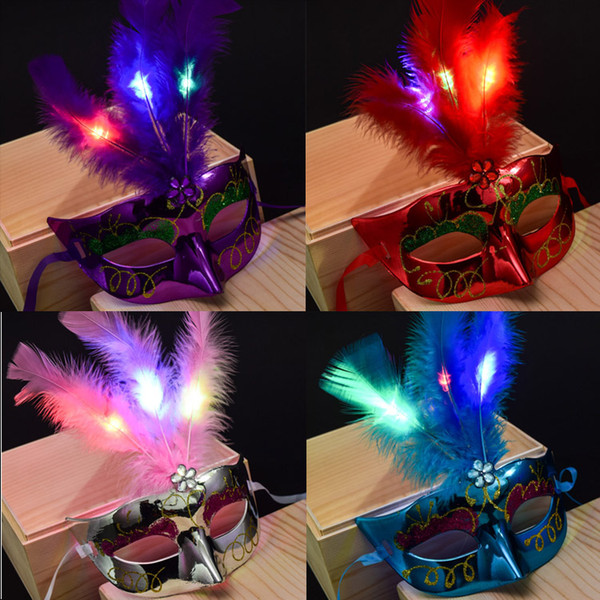 Mixed color Halloween LED Facial mask Masquerade Cosplay halloween gift Venetian Ball Prom Glowing LED Feather Mask