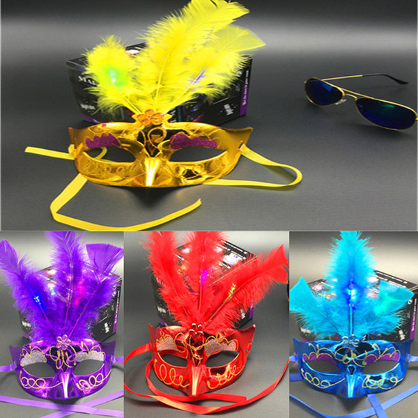 HOT Holiday face mask Mixed color Halloween LED Facial mask Masquerade Cosplay halloween gift Venetian Ball Prom Glowing LED Feather Mask