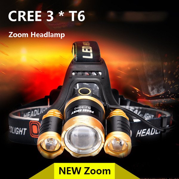 Wholesale-Headlamp LED CREE 3 T6 light 18650 battery Zoom waterproof Outdoor Camping Fishing Hunting High Power Rechargeable Headlight